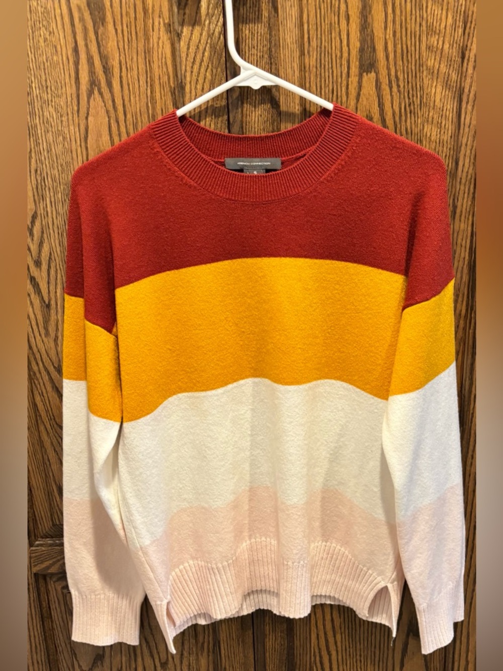 Ladies Colorblock Crewneck Sweater in Red, Mustard, White and Pink Sz S